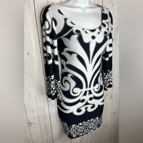 R. tease Mini Dress Women’s XS Navy Blue & White Bodycon Flare Long Sleeves - Picture 4 of 7